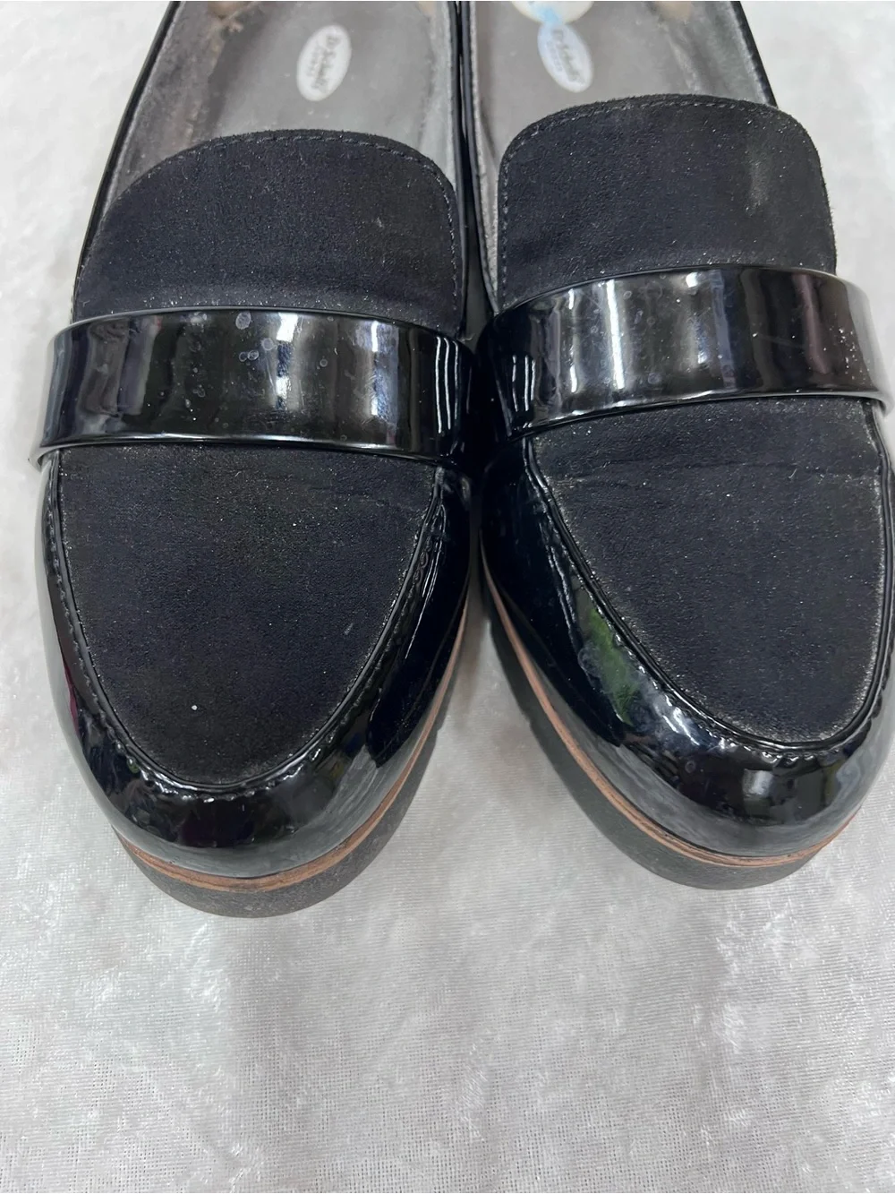 Dr. Scholl’s Black Slip-On Loafers glossy black brown trim 7.5